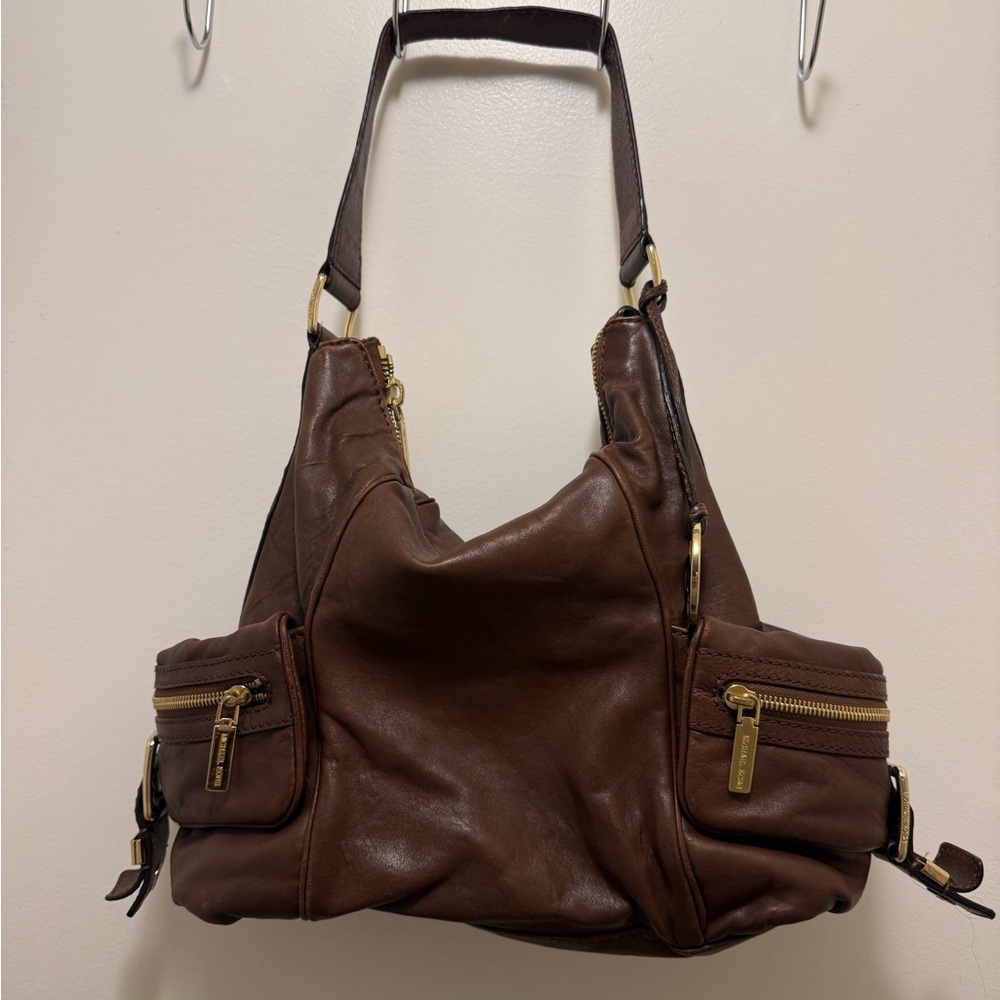 MICHAEL Michael Kors Brown Leather hobo Shoulder Bag with Gold Accents